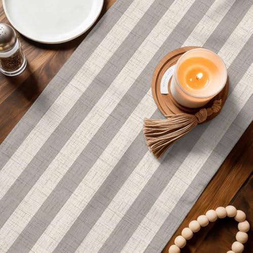 Gray Beige Striped Table Runners 90 Inches Long, Modern Burlap Texture