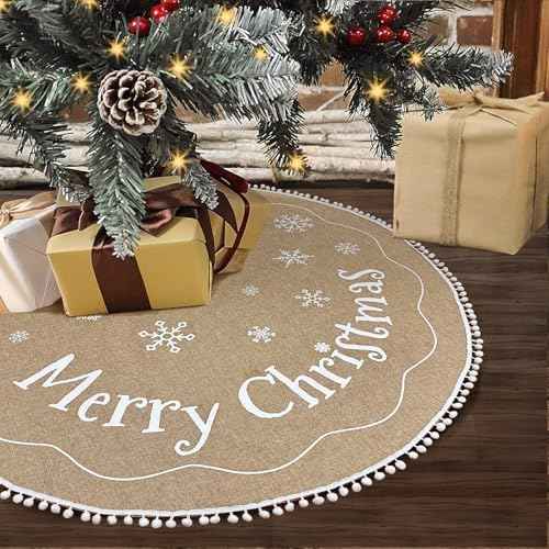 Farmhouse Christmas Tree Skirt, 48 inches, White Pom Pom