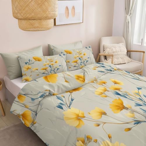 Plant Wildflowers Duvet Cover King, Minimalism Bedding Set 3 Piece
