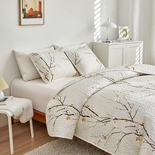 Quilt Set King Size Cream White with Black Branch Bedding Set 88x88