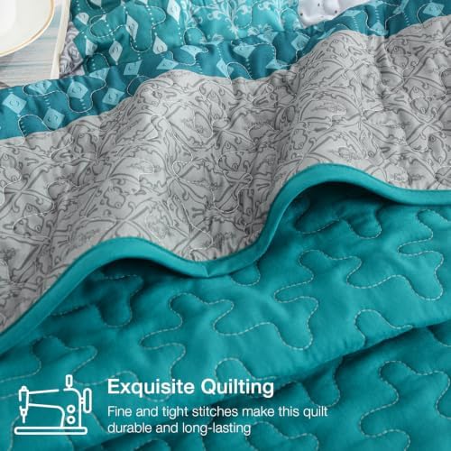 WONGS BEDDING Teal Blue Queen Size Quilt Set, Boho Striped Bedspread