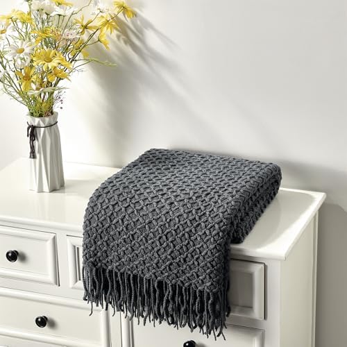 CREVENT Farmhouse Boho Knitted Throw Blanket for Couch Sofa Chair Bed