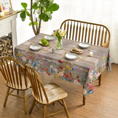 Horaldaily Spring Tablecloth 60 x 60 Inch Square Flowers Brown Wood
