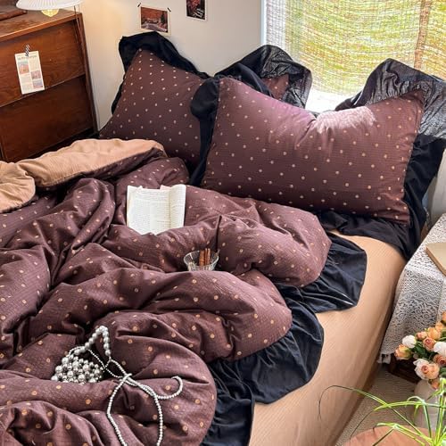 Retro Brown Polka Dot Ruffle Duvet Cover King Soft Double Gauze