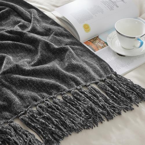 CozeCube Chenille Throw Blanket, Charcoal Grey Fringe Blanket, 60"X80"