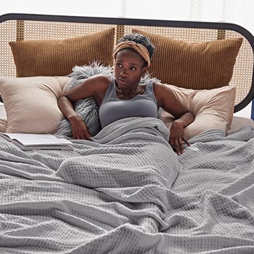 Bedsure Bundle of Cotton Waffle Blanket Grey and Dark Grey Queen