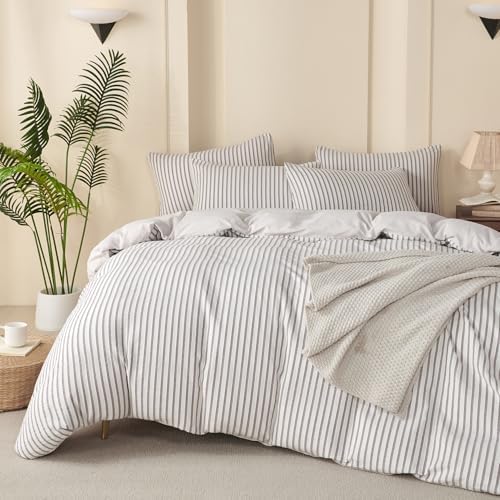 King Grey Duvet Cover Striped Washed Microfiber Jacquard 3 Pieces