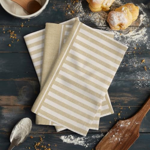Pale Brown Striped Kitchen Towels Set of 3, Water Absorbent Dish