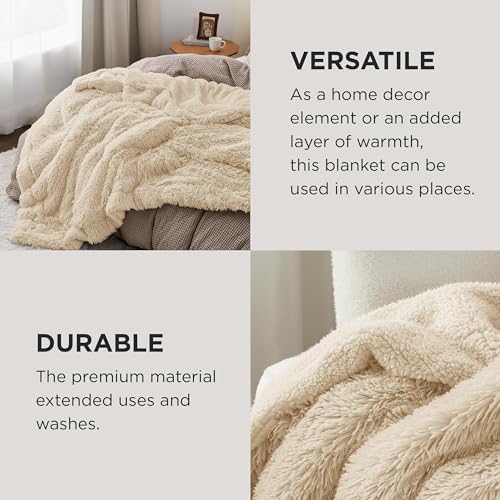 Bedsure Faux Fur Fluffy Sherpa Throw Blanket Couch Twin Beige 60"x80"