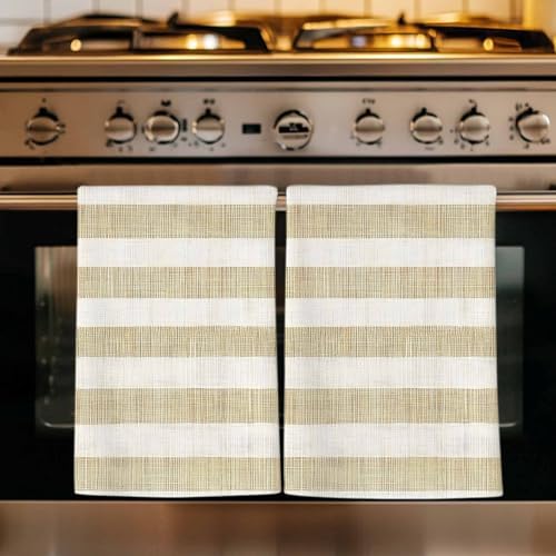 Cream Striped Kitchen Towels Set of 3, Absorbent Microfiber Soft Dish