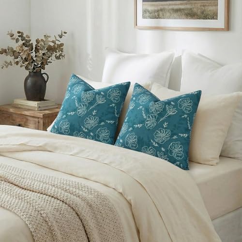 decorUhome Floral Faux Linen Throw Pillow Covers 22x22 Set of 2 Teal