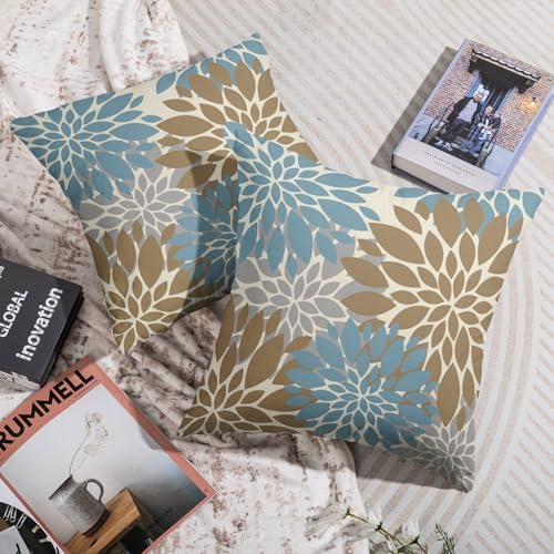 Light Brown Blue Pillow Covers 22X22 Inch Set of 2, Spring Summer
