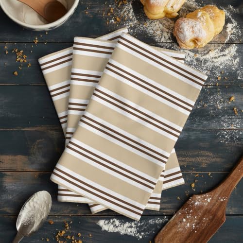Beige Striped Kitchen Towels Set of 3, Water Absorbent Dish Towel