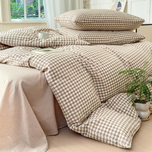 LifeTB Tan Gingham Duvet Cover Grid Bedding Set Queen, Vintage Taupe