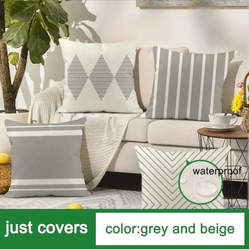 Outdoor Pillows Covers 18x18 Waterproof,Grey and Beige Set of 4