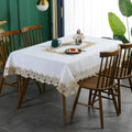 Farmhouse Table Cloth Round 70 inch, White Linen Look with Lace Trim