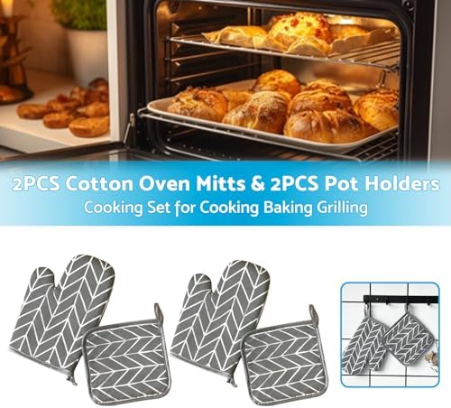 2X Grey Oven Mitts with Pot Holders BBQ Gloves Oven Mitts and Pot