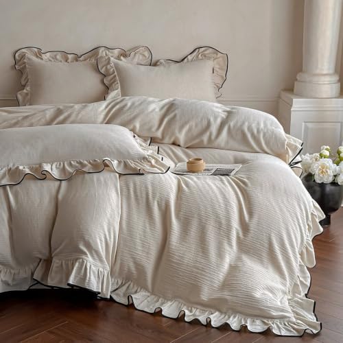 Linen Cotton Duvet Cover King,French Ruffled Bedding Set 3pcs