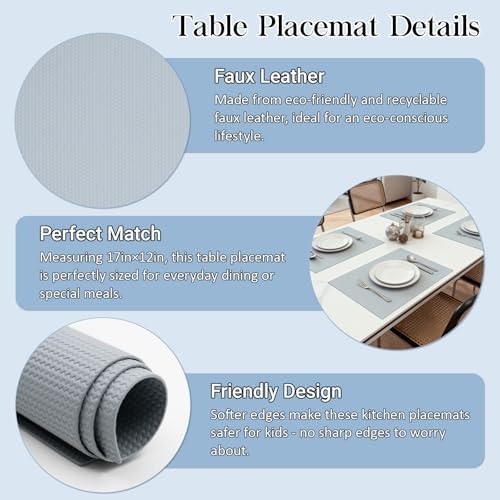 Vinyl Placemats Set of 12: 17 X 12 Inch Gray Faux Leather Non-Slip