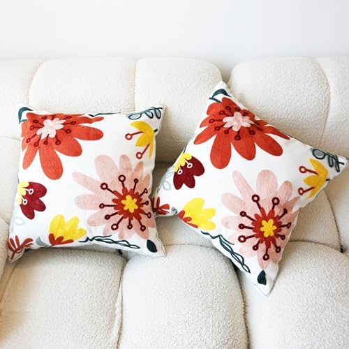 Embroidered Throw Pillow Covers 2PCS Floral Throw Covers 3D Big