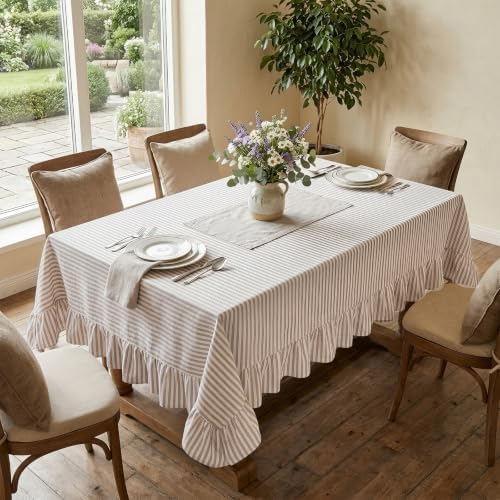 SquarePie Striped Ruffled Tablecloth Taupe White 52x70 Inch
