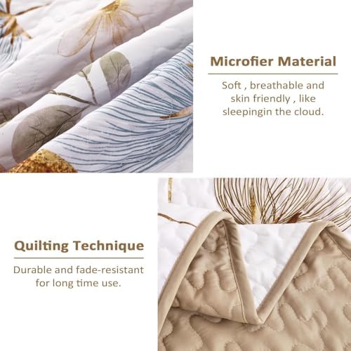 Dinjoy Queen Quilt Bedding Set Khaki Floral Bedspreads with 2