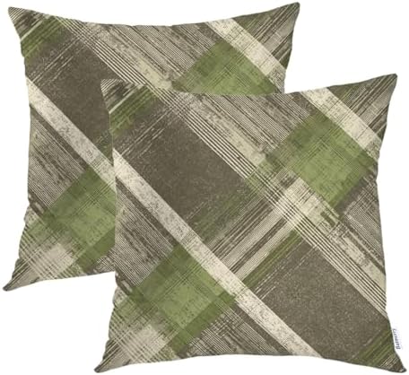 Batmerry Distressed Plaid Throw Pillow Covers, Green Brown Decorative