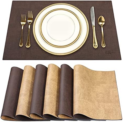 SUEH DESIGN Leather Placemats Table Mats Set of 6, Brown and Tan