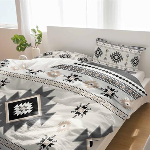 Duvet Cover Set Full, Ethnic Gray Aztec Geometric 3 Piece Bedding Set