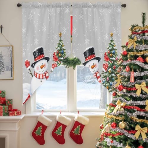 Winter Snowman Swag Valance Curtains Neutral Christmas Tree Red