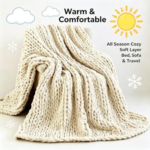 Chunky Knit Throw Blanket, Cream Hand Knitted Thick Yarn Blanket, Soft