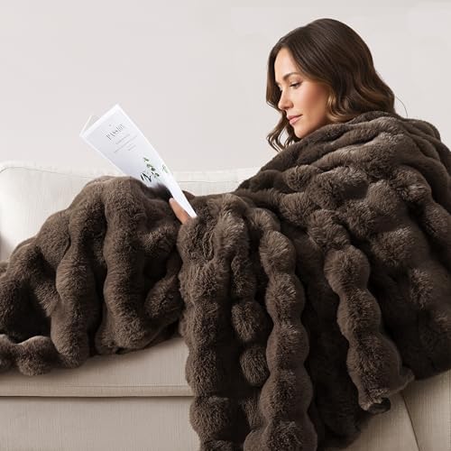 WDCOZY Luxury Bubble Throw Blanket, Brown Faux Rabbit Fur Mink Plush