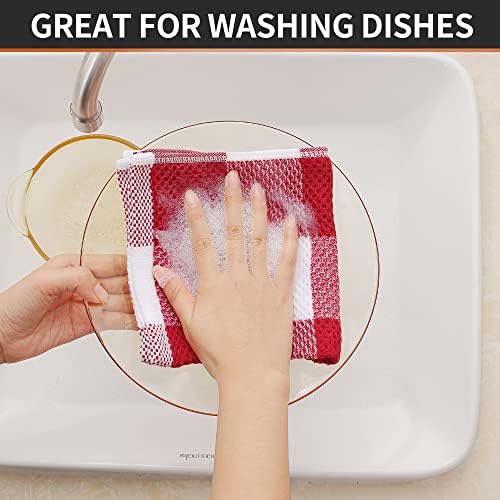 Homaxy 100% Cotton Check 6 Pack Dish Cloths, 12" x 12", White & Red