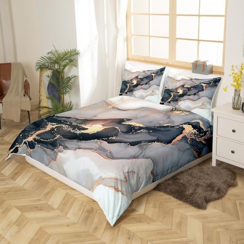 Black Marble Bedding Set Queen,Black and Grey Marble Duvet Cover Men