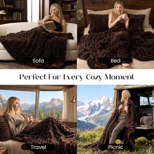 Dream Valley Double-Sided Faux Rabbit Fur Throw Blanket,Dark