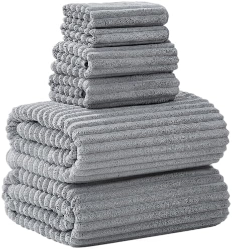 Ribbed Cotton 6-Piece Towel Set, Solid Black Textured Plush Towels