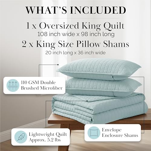 Oversized King Quilt Bedding Set w/ 2 Quilted Pillow Shams, Sky Blue