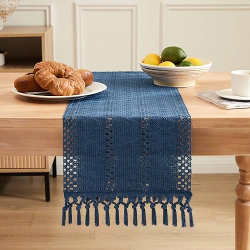 ZeeMart Macrame Style Boho Table Runner, 12x72 Inch Dusty Blue