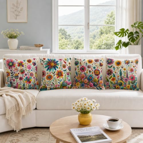 Abstract Colorful Wildflowers Throw Pillow Covers 20x20 Inch Set of 4