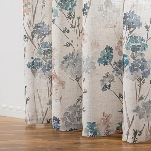 MYSKY HOME Floor to Ceiling Linen Floral Curtains 95 Inch Length 2