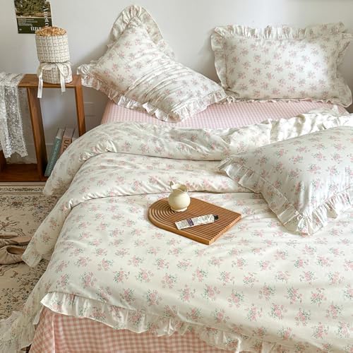 mixinni Pink Floral Duvet Cover Set Queen Size - 100% Cotton Ruffle