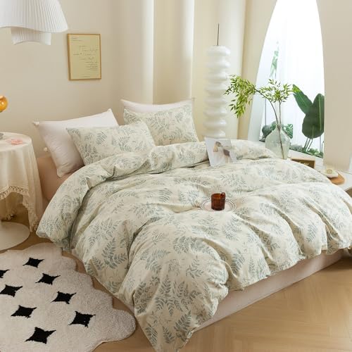 ECOCOTT 3 Pieces Duvet Cover Set with Vintage Green Leaves Pattern