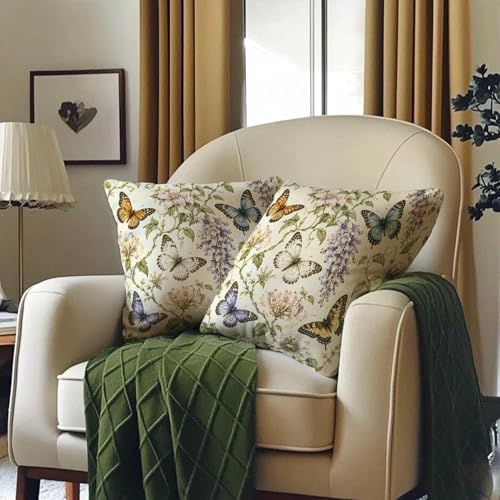 Cream Butterfly Botanical Throw Pillow Covers 18x18 Set of 2, Vintage