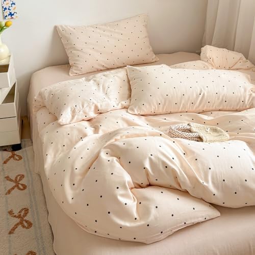 Boho Polka Dots Beige Duvet Cover Set Queen 100% Cotton Bedding Set