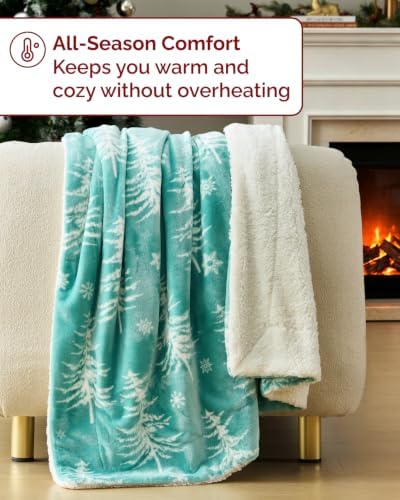CGK Christmas Sherpa Blanket Twin Size, Reversible - Snowy Trees