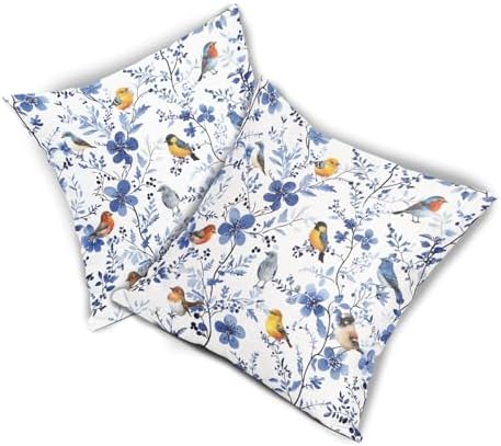 Bird Floral Pillow Covers 22x22inch, Watercolor Navy Blue Flowers