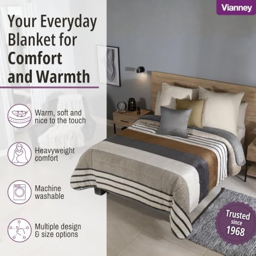 Vianney Tan Grey White Full/Queen Reversible Sherpa Throw Blanket