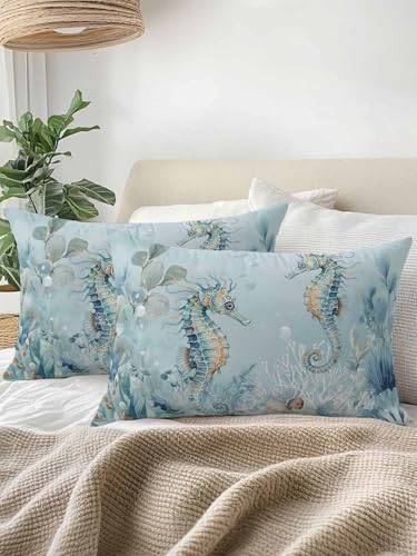 Outdoor Pillows Waterproof, Coastal Seahorse Bedding Throw Pillows
