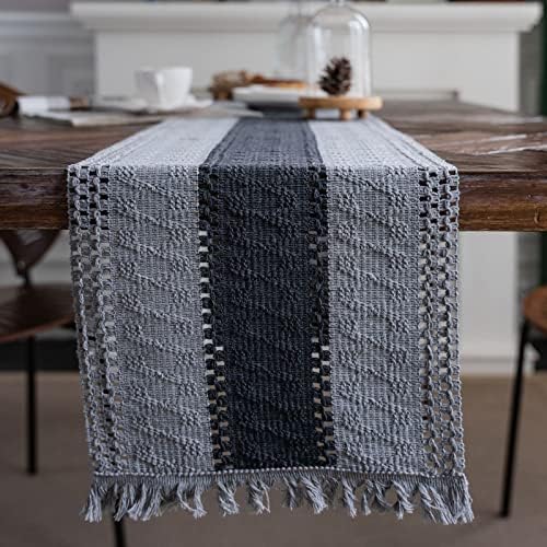 Hsvanyr Grey Farmhouse Long Macrame Tablecloth Runner Cotton Linen