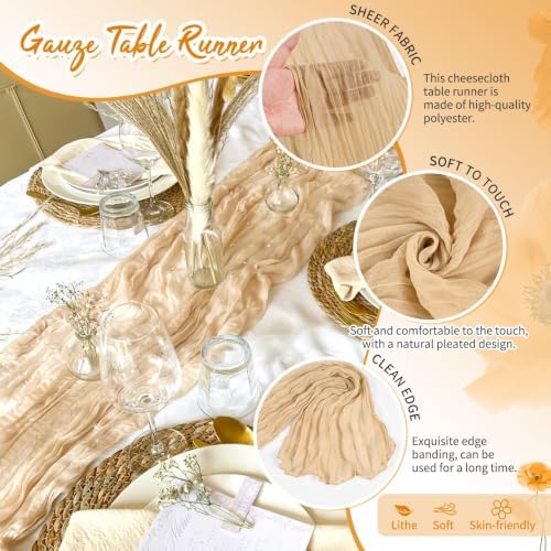 10 Pack Beige Cheesecloth Table Runner 17x108 Inches Boho Home Decor